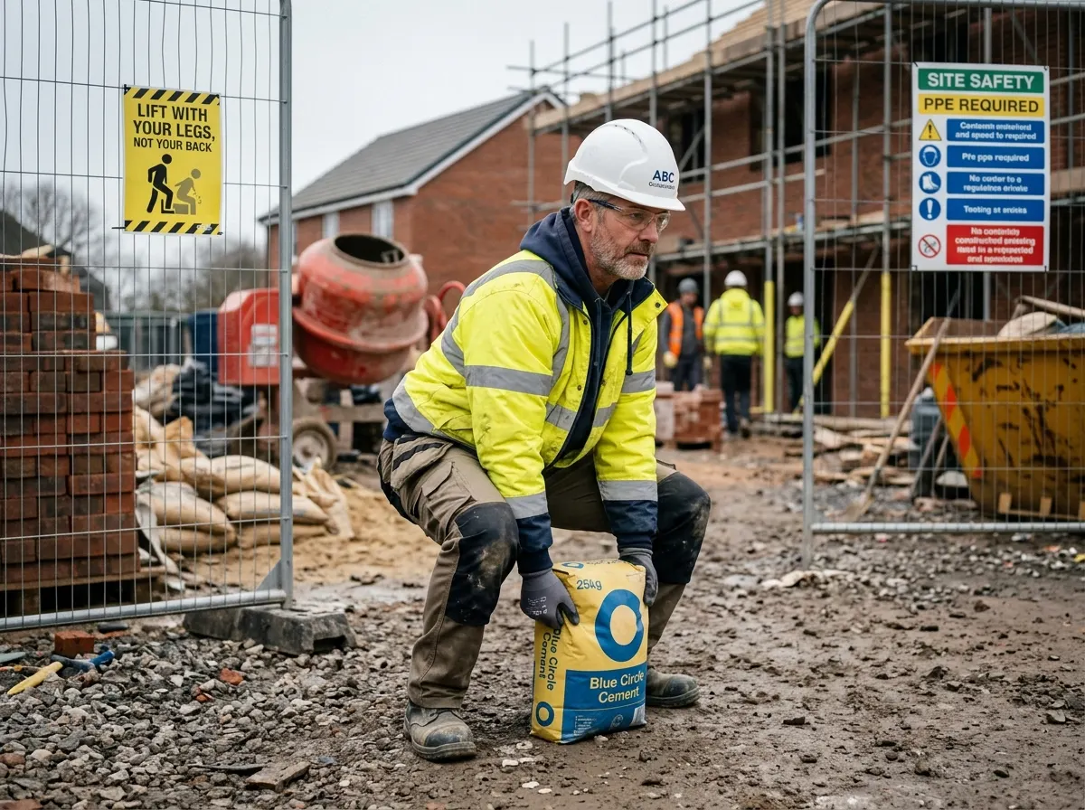 A tradesperson demonstrating proper kinetic lifting technique, bending knees with a straight back while lifting a bag of plaster