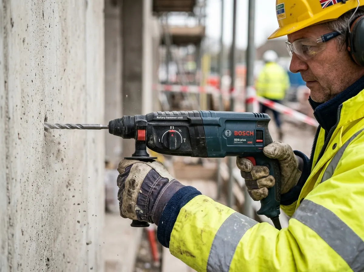 A tradesperson safely operating a heavy-duty power tool with vibration-dampening gloves and safety guards in place
