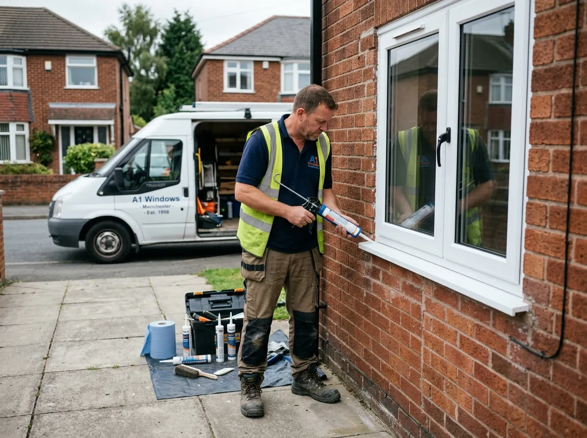 A UK window fitter applying exterior silicone sealant around a newly installed white uPVC window frame