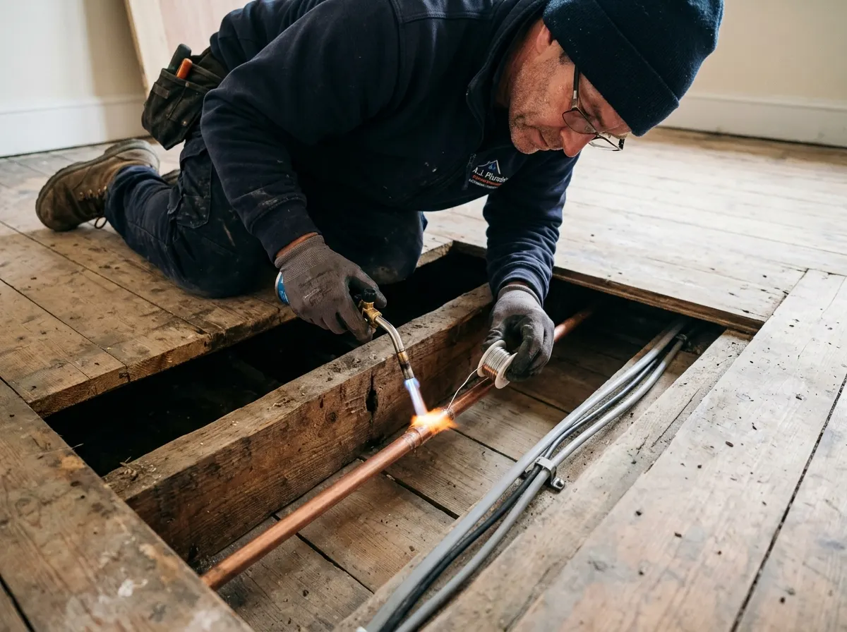 Heating engineer installing 22mm copper central heating flow and return pipework through floor joists