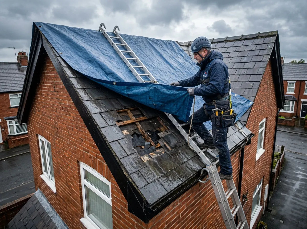 A roofer securing a heavy-duty blue tarpaulin over a storm-damaged pitched roof to prevent water ingress