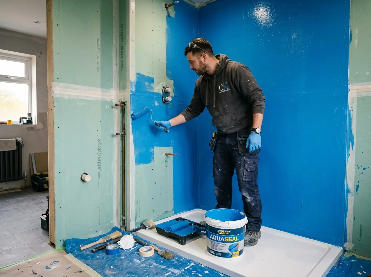 A UK tiler applying liquid blue waterproofing tanking membrane to plasterboard in a shower enclosure before tiling