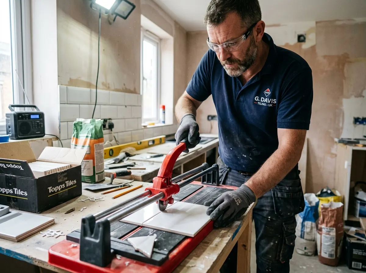 A professional tiler scoring and snapping a white ceramic wall tile on a manual rail cutter