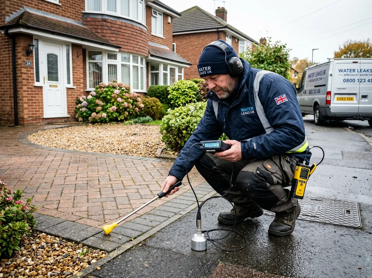 A leak detection specialist using an acoustic ground microphone and tracer gas sniffer to find a buried water leak
