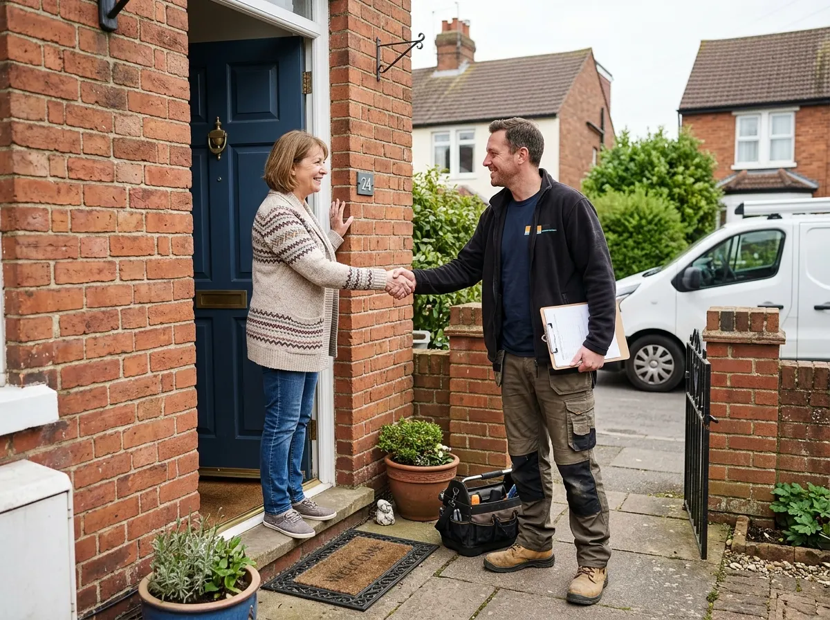 A tradesperson having a friendly conversation and shaking hands with a happy homeowner on their doorstep
