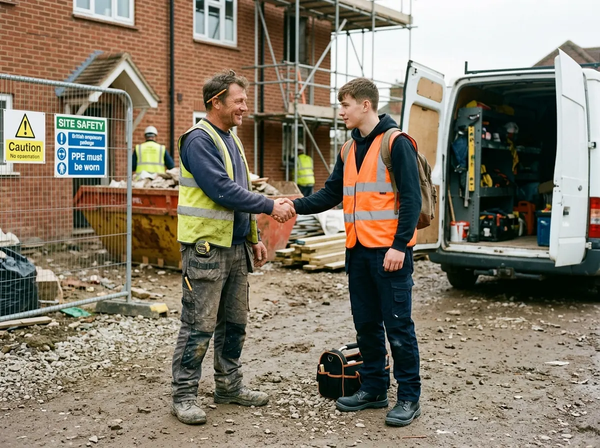 An experienced UK tradesperson explaining building plans to a younger apprentice on a residential construction site