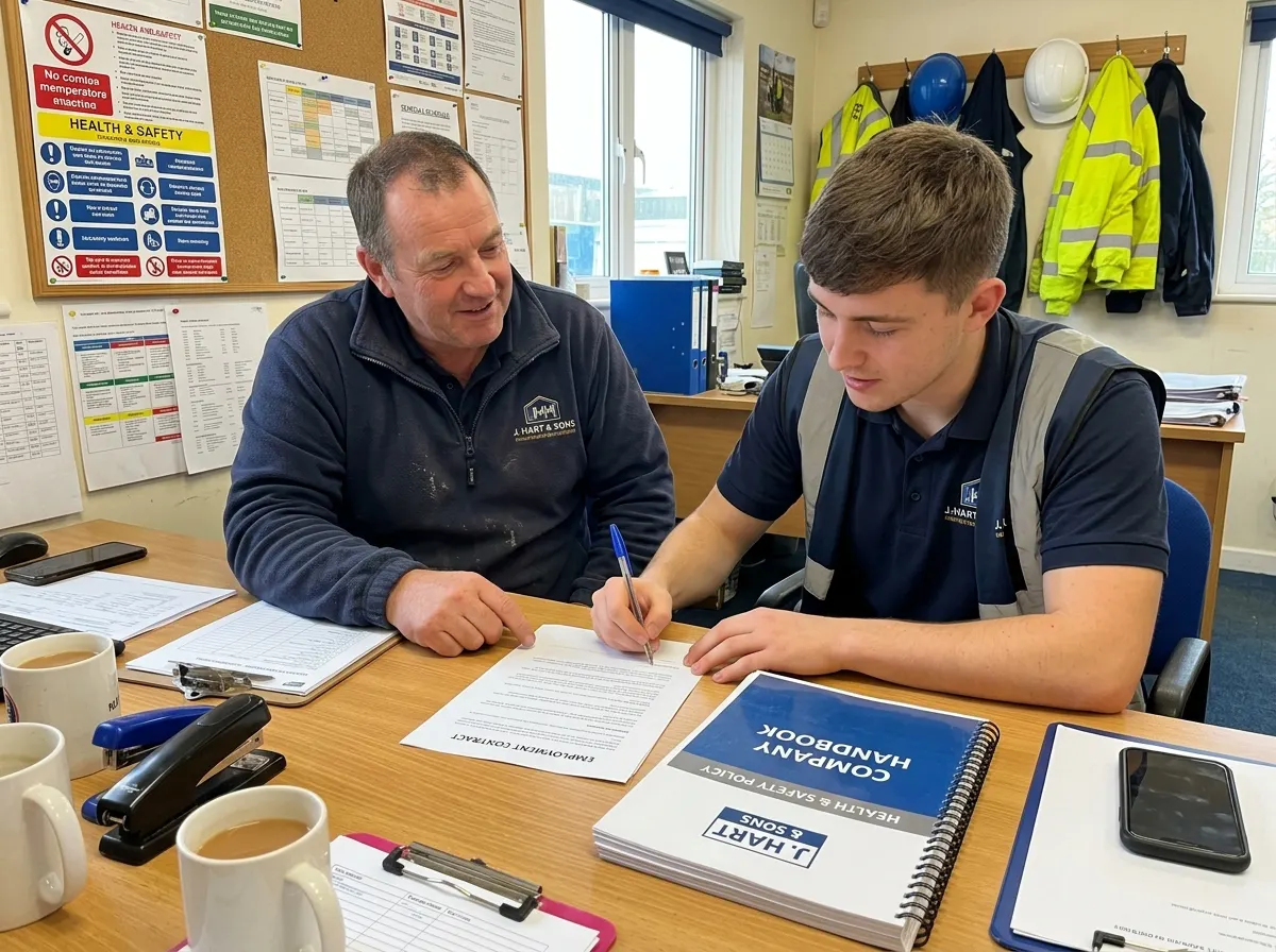 A UK tradesperson and a new employee signing an employment contract next to a detailed company handbook