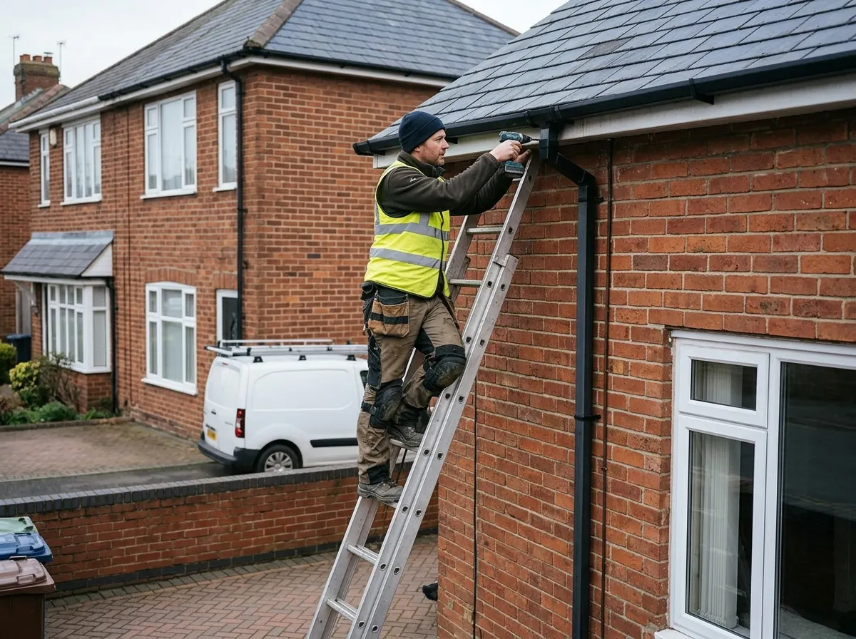 A tradesperson safely using a secured podium step ladder with safety rails instead of a traditional leaning ladder