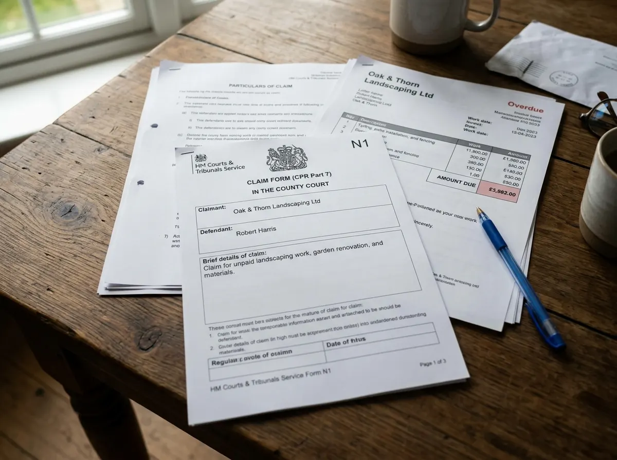 Official UK county court claim and legal documentation resting on a wooden table