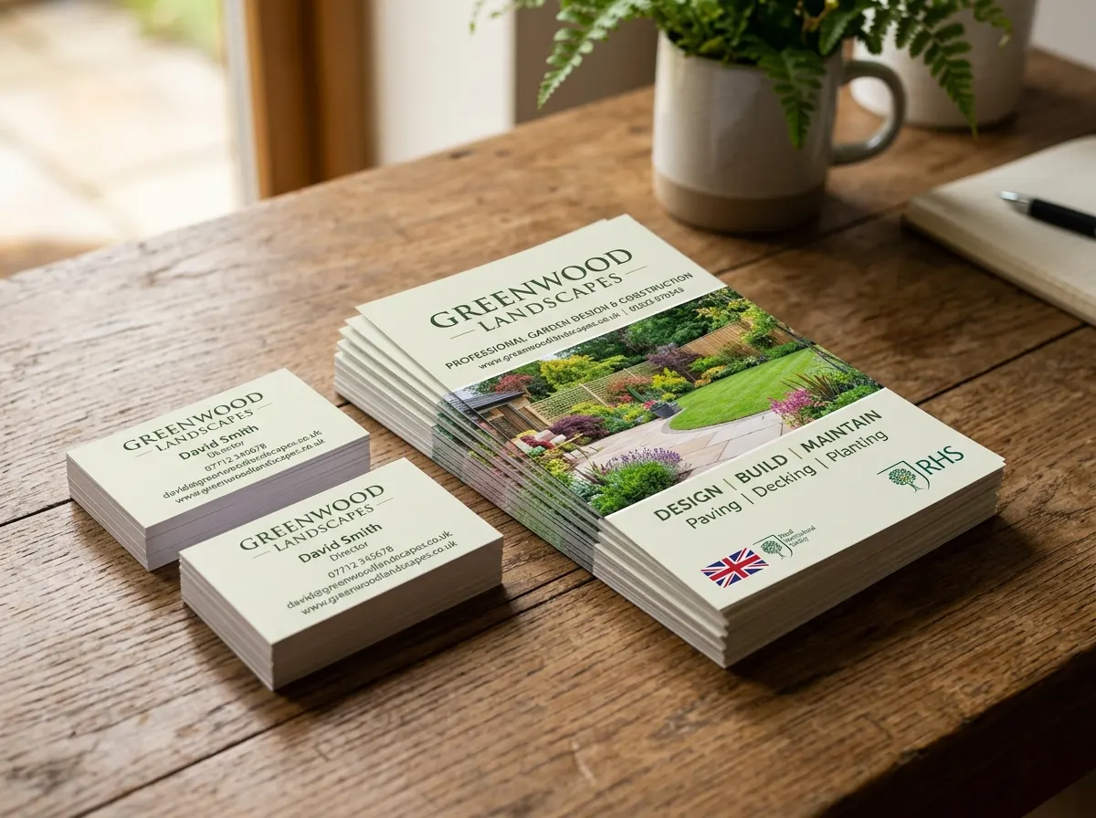 A collection of high-quality, heavy cardstock branded trade business cards and a presentation folder resting on a residential kitchen worktop