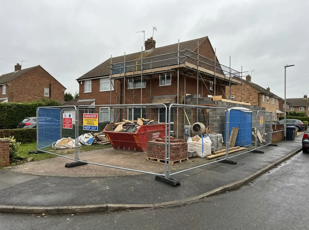 High visibility pedestrian barriers and secure Heras fencing protecting a residential construction site from the public pavement