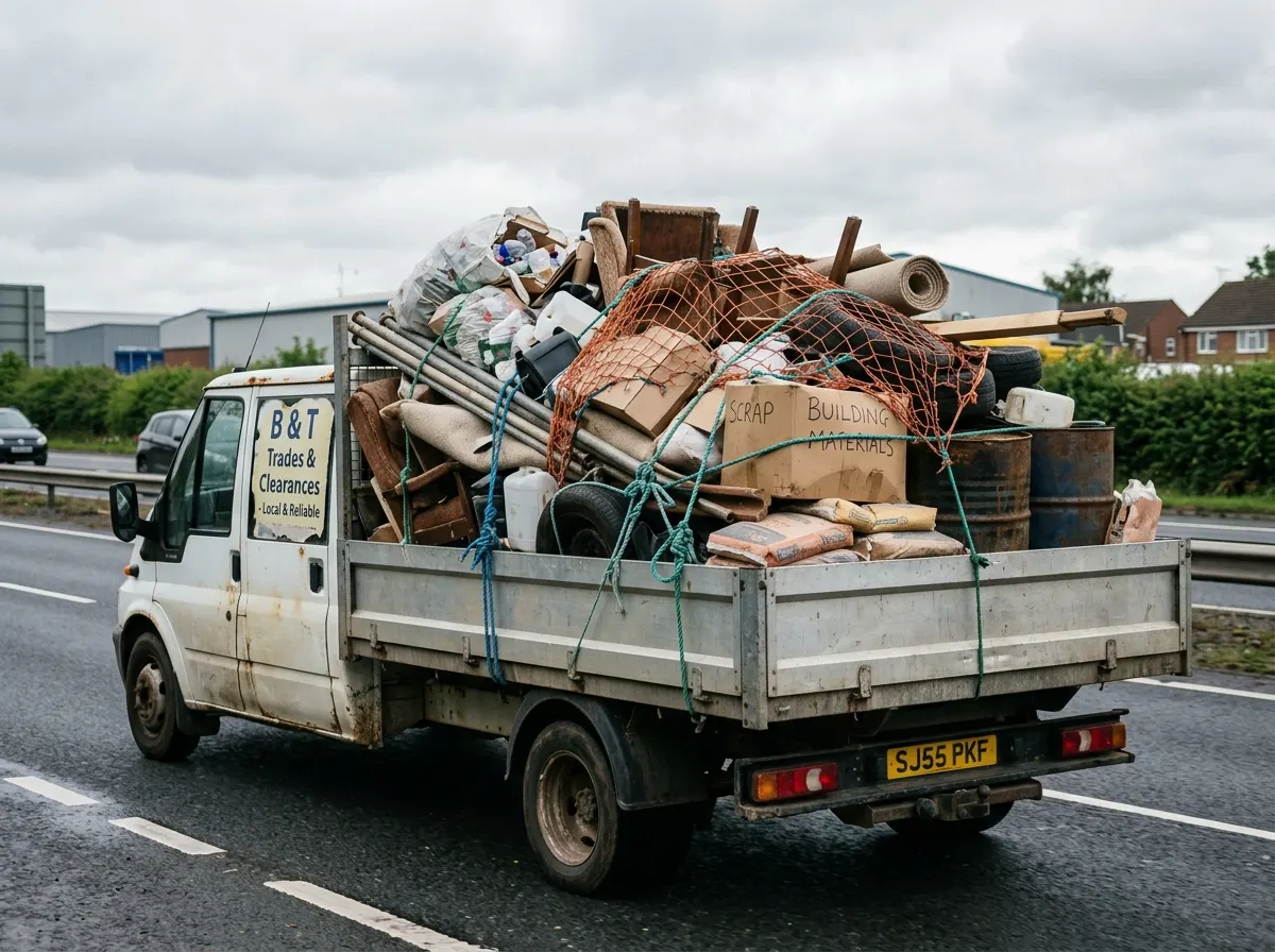 A flatbed trade tipper loaded with waste, securely and neatly covered with a professional cargo net