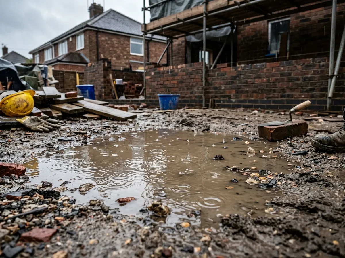 A tradesperson checking a weather radar app on a smartphone while standing on a muddy construction site