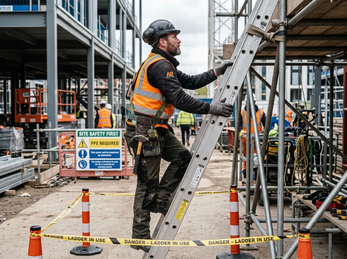 A tradesperson using enclosed podium steps safely on a domestic site rather than a leaning ladder