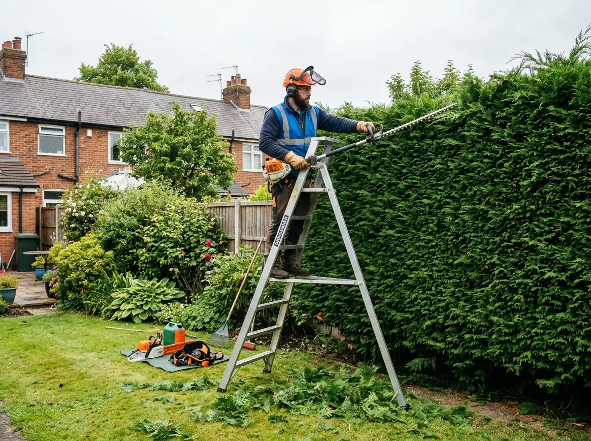 A UK tree surgeon using a long-reach petrol hedge trimmer on a tripod ladder to reduce a tall Leylandii hedge