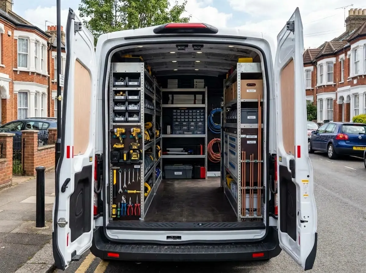 The rear of a trade van opened up to reveal highly organised custom wooden racking filled with sorted toolboxes