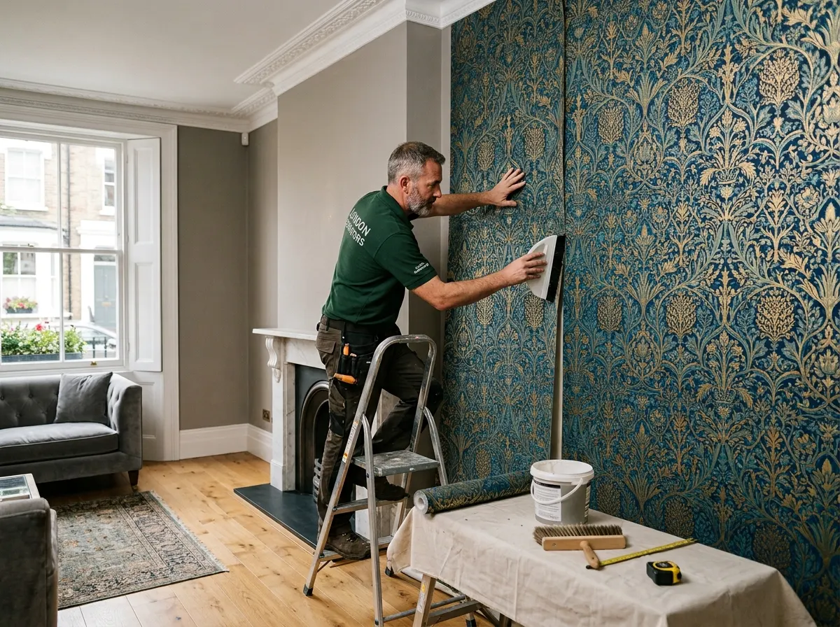 A professional decorator smoothing down luxury patterned designer wallpaper on a feature wall