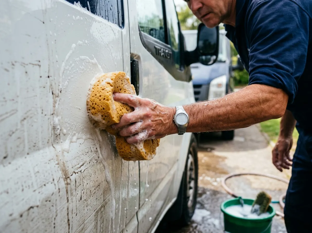 A tradesperson using a high-pressure jet wash to clean a white commercial trade van