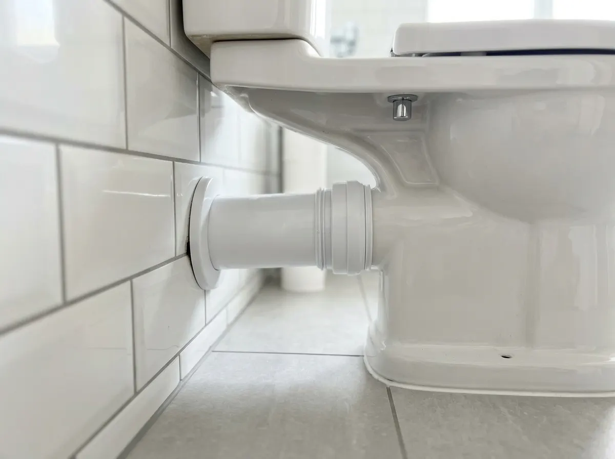 Waste pipes fitted behind a toilet by a british plumber in a new bathroom