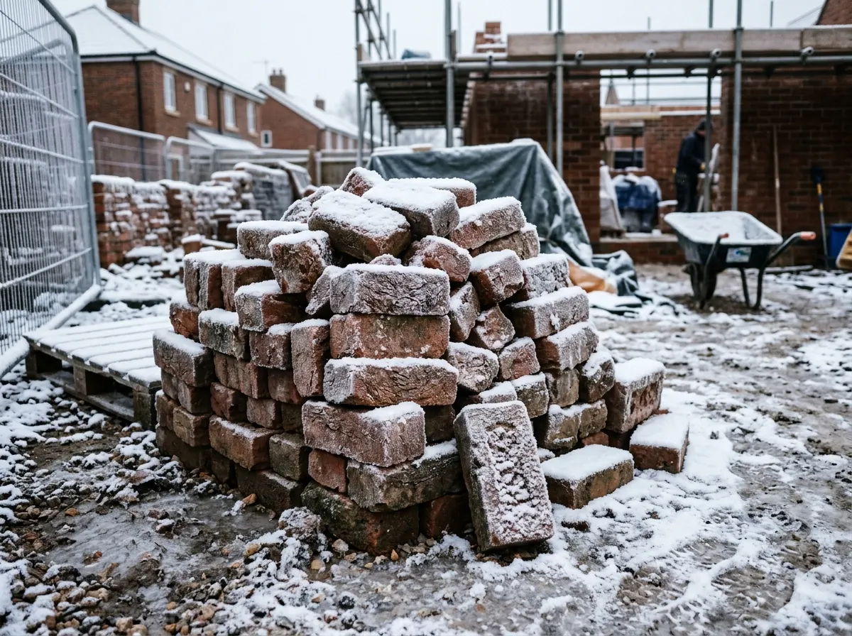 A bricklayer laying bricks in winter wearing heavy thermal PPE and using frost-proof mortar additives