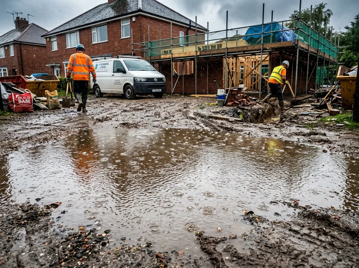 A tradesperson pulling a heavy duty waterproof tarpaulin over an exposed roof during heavy rain