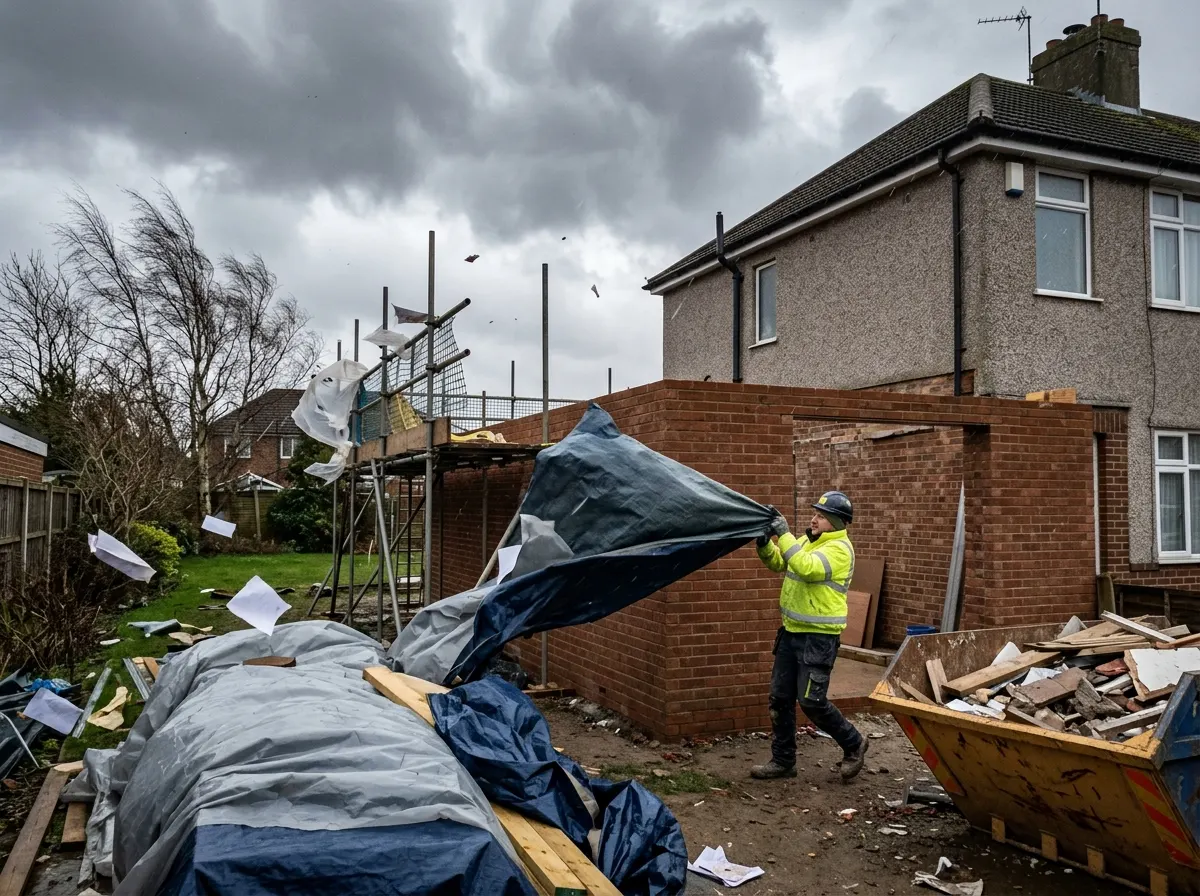 Tradespeople safely securing loose timber sheets on a building site ahead of a high wind storm warning