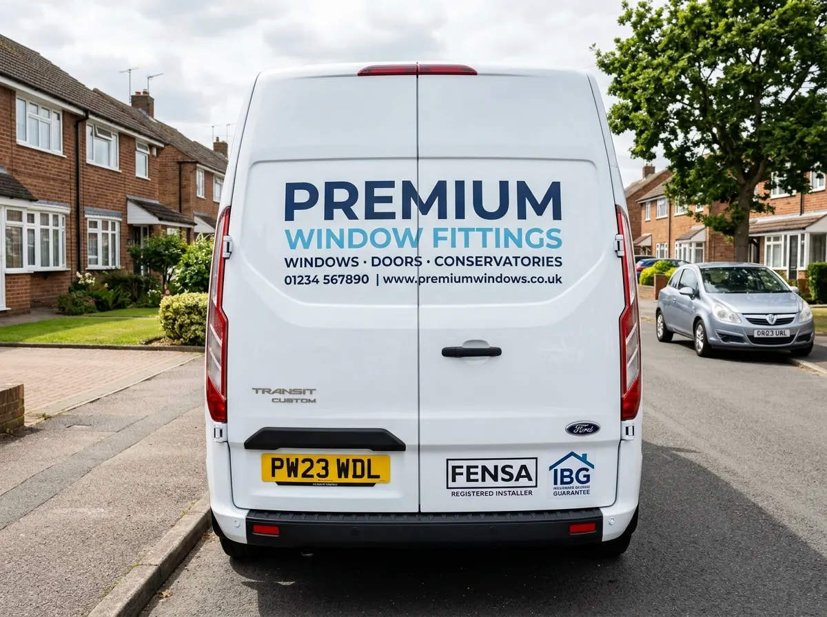A spotlessly clean window fitting van with FENSA and IBG logos prominently displayed on the back doors