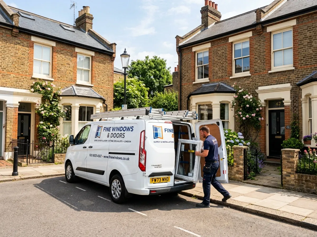 A window fitter's commercial van parked outside a London terraced house during a glazing installation