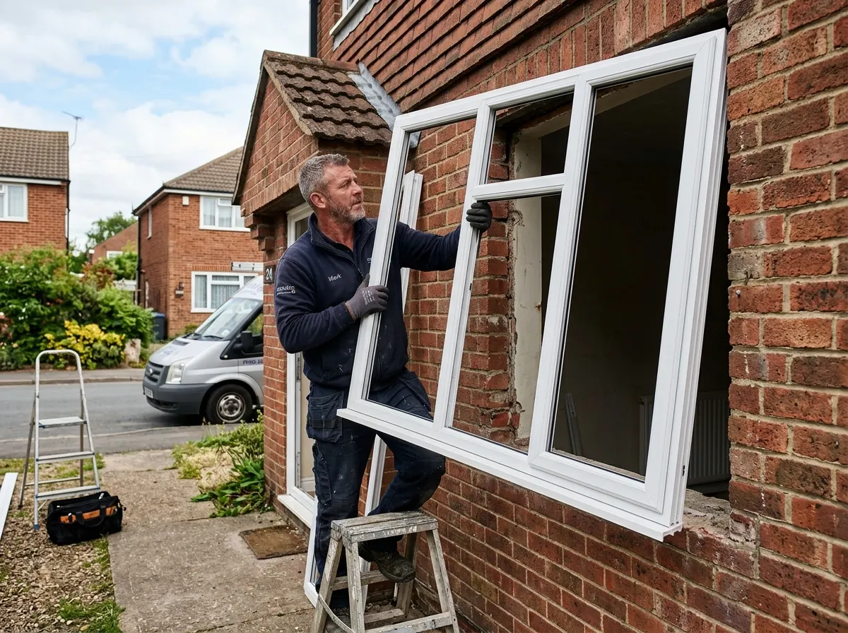 A professional window fitter precisely aligning a modern uPVC double-glazed window unit in a domestic property