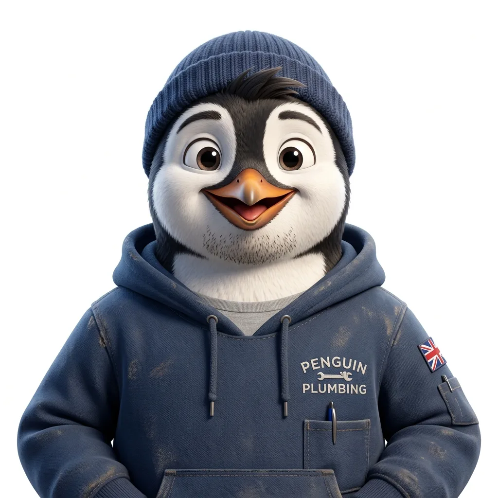Smiling penguin tradesperson in a Penguin Plumbing hoodie and beanie