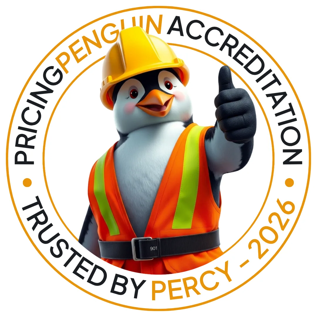 Trusted by Percy — Pricing Penguin Accreditation seal with Percy in a hard hat giving a thumbs up